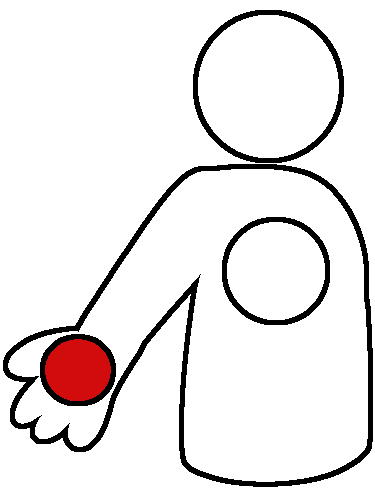  drawing of a white figure with their arm out, and a red circle on their hand.